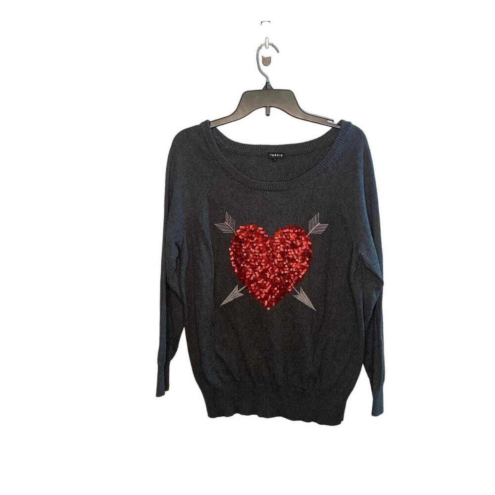 Torrid women's dark gray sweater embellished sequined red heart size 0